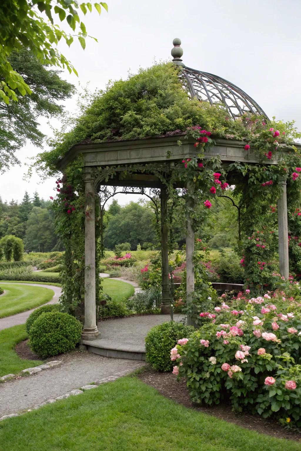 Enhance your garden with a charming climbing plant-covered gazebo.