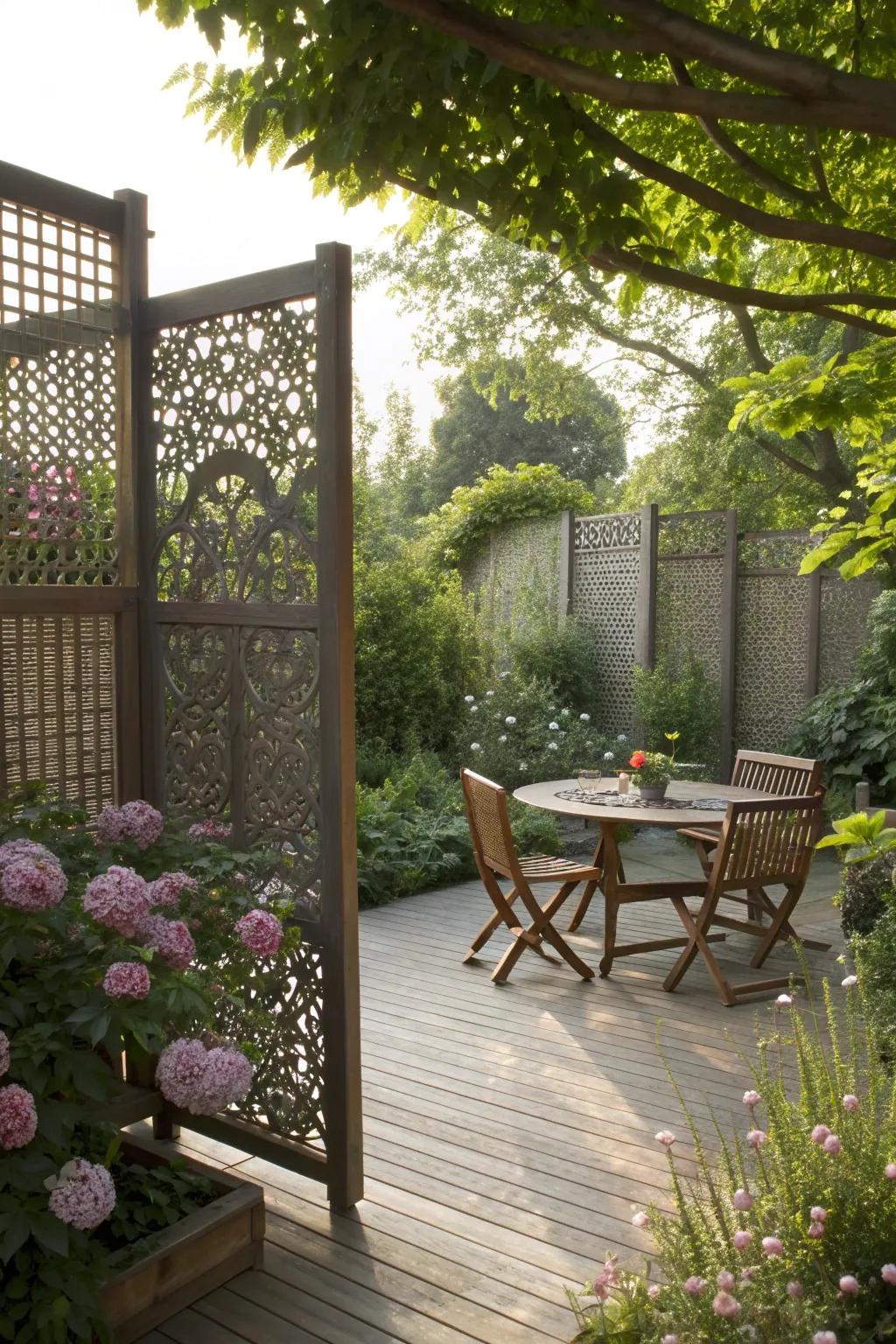 A private garden deck featuring stylish privacy screens.