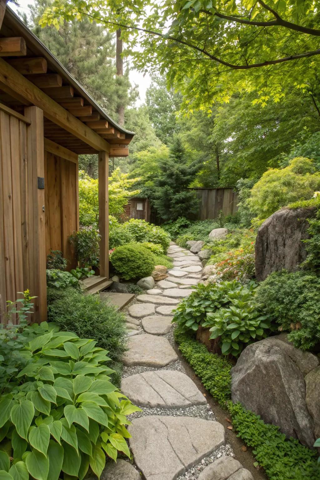 Stone and wood together create a warm, rustic garden edge.