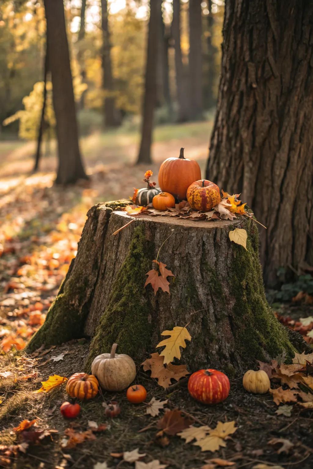 A tree stump creatively styled with seasonal decor.