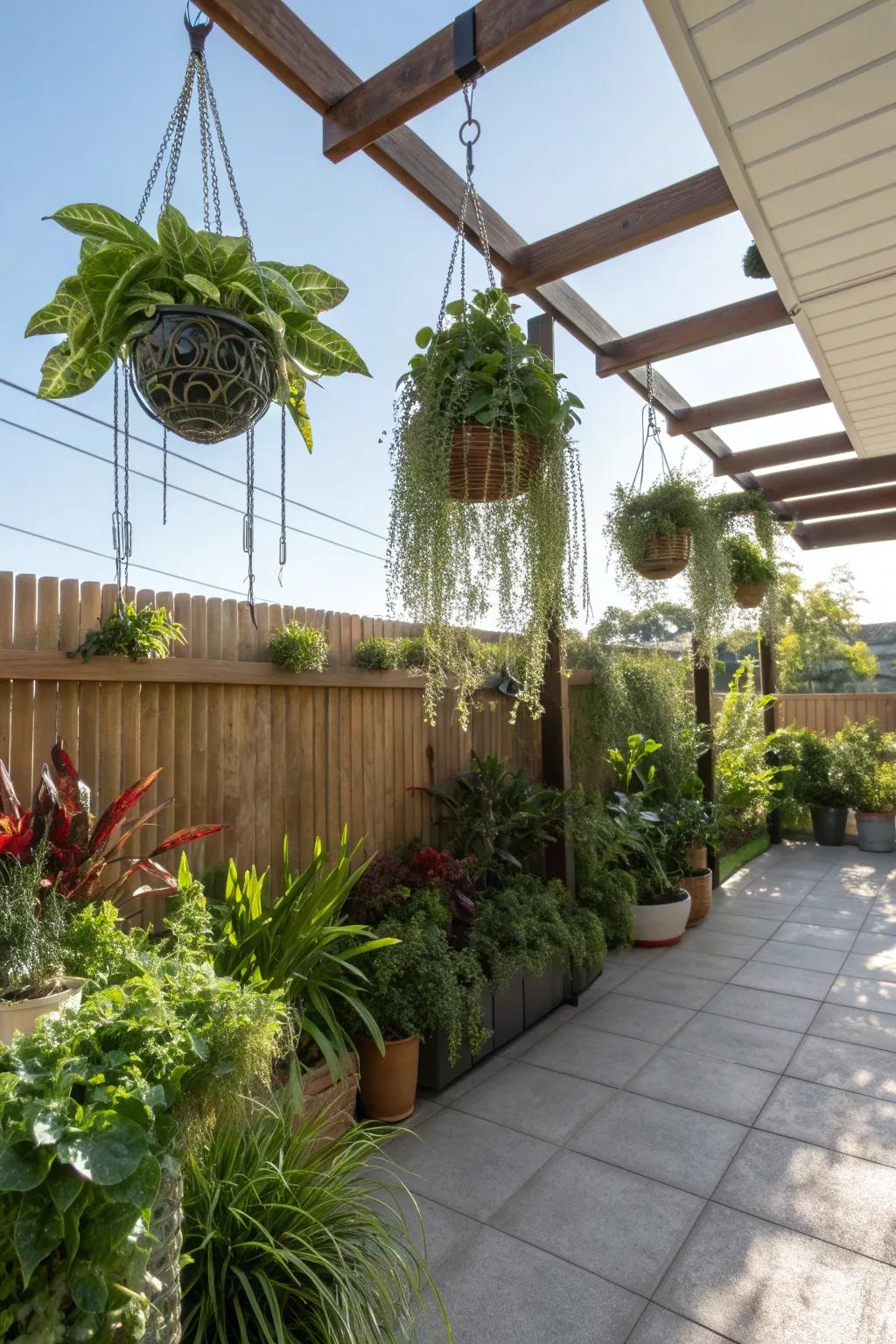 Hanging plants adding dimension to a patio