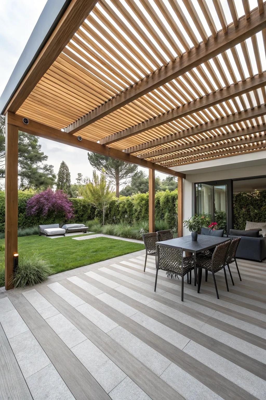 Wooden slats offer a sleek and modern shade solution.