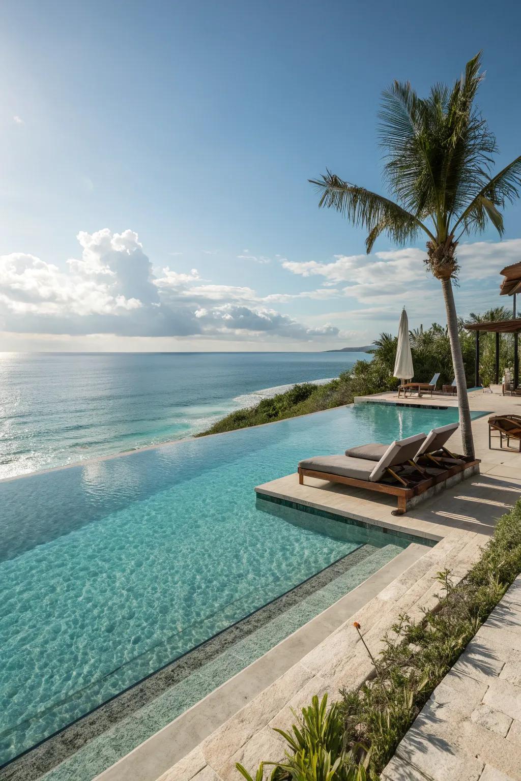 A sun shelf and beach entry add accessibility and style to the pool.