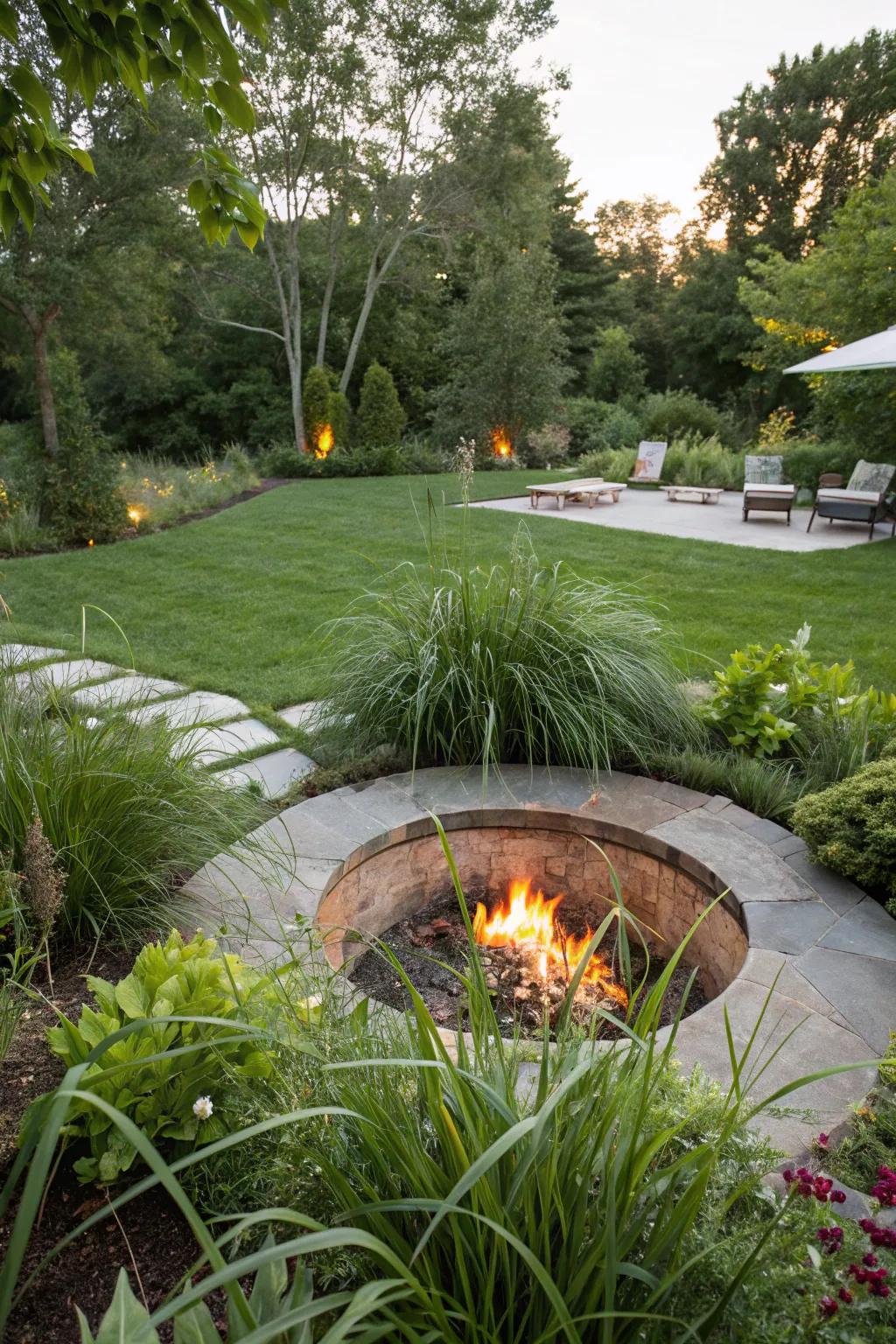 Discover tranquility with a sunken fire pit oasis.