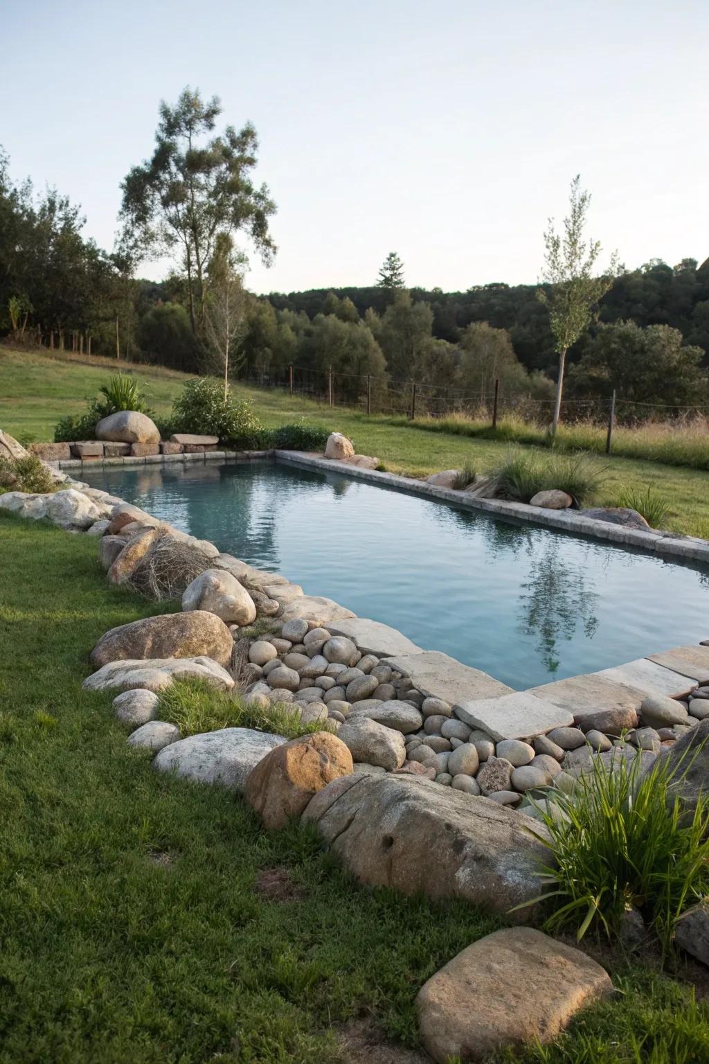Combining rocks with grass creates a balanced, natural poolside look.