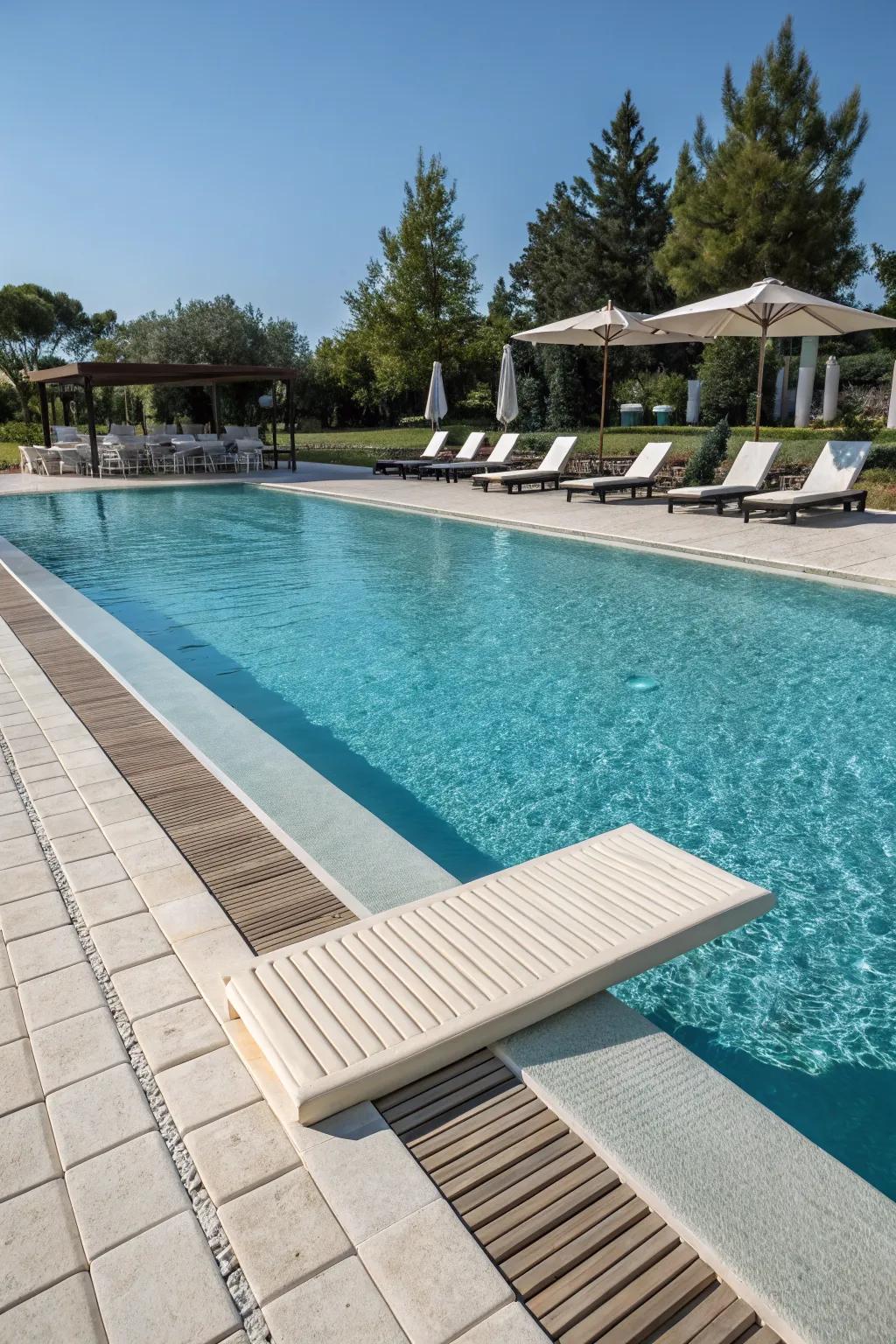 A tanning ledge offers a perfect spot for sunbathing by the pool.