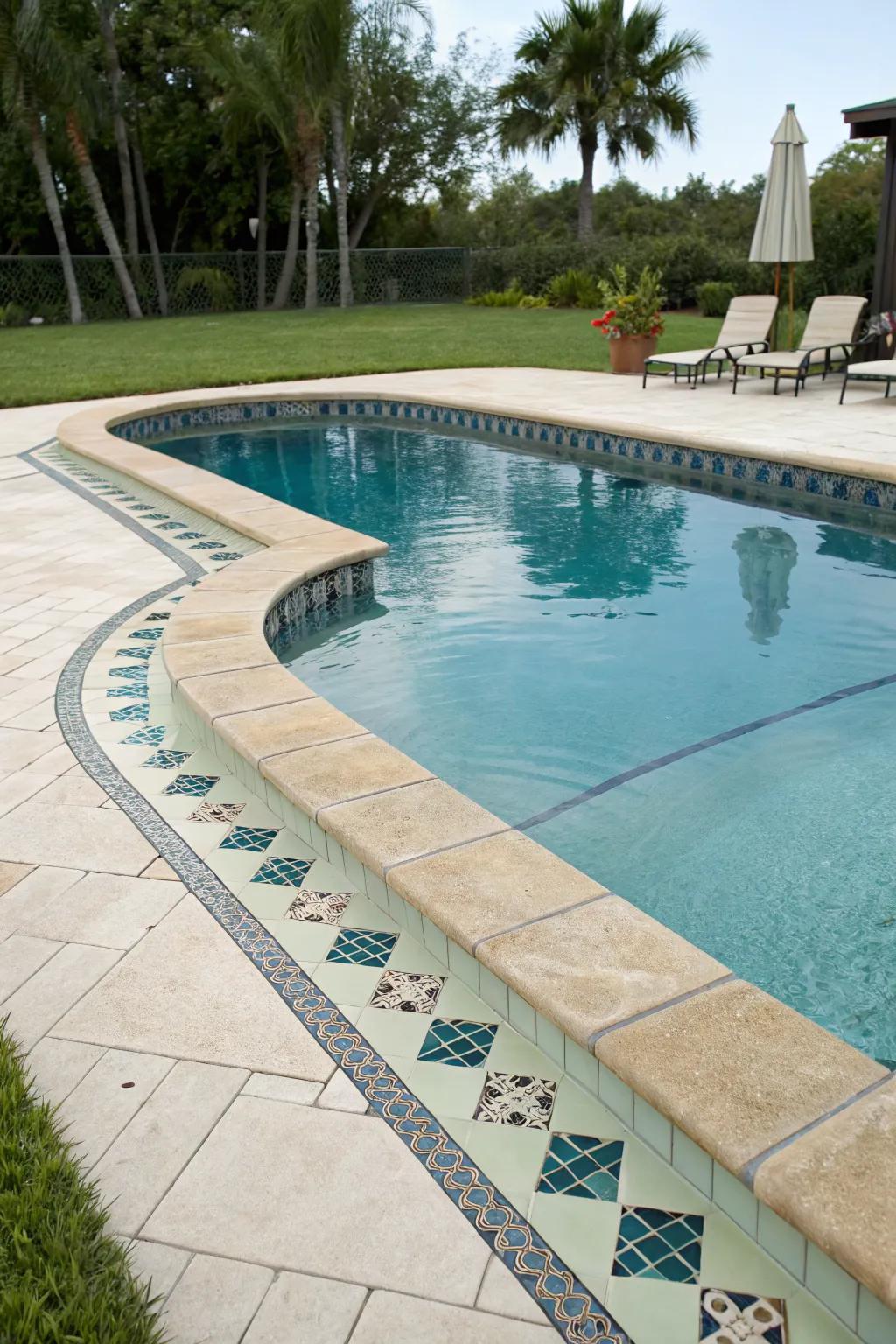 Decorative waterline tiles adding character to an inground pool.