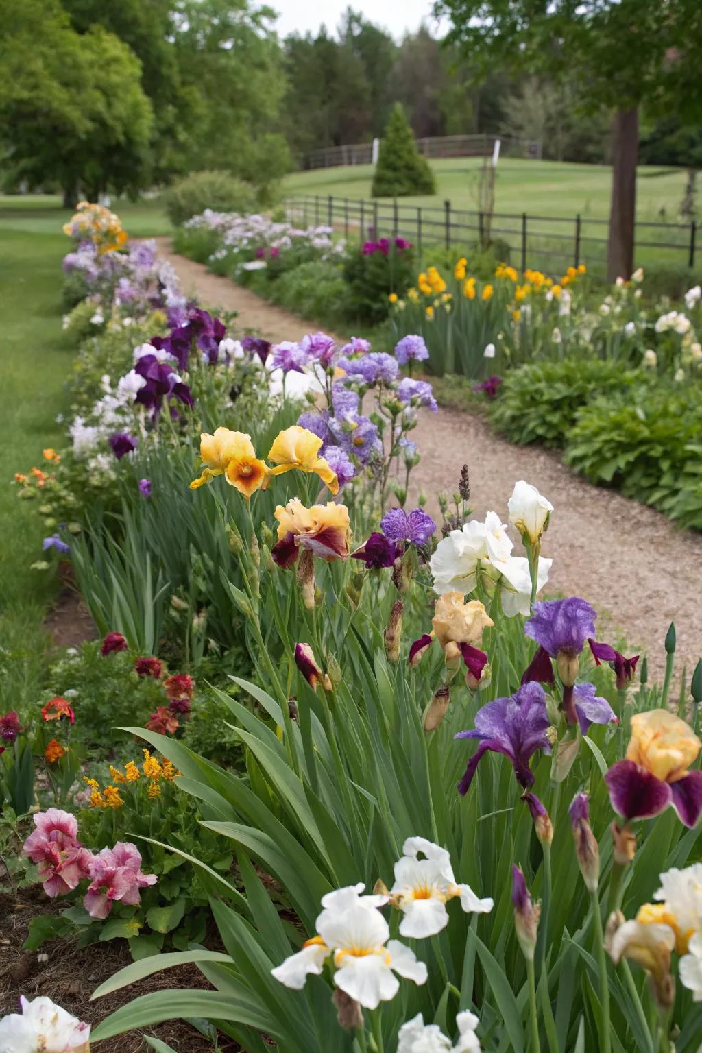 Irises as colorful gap fillers in a flower bed.