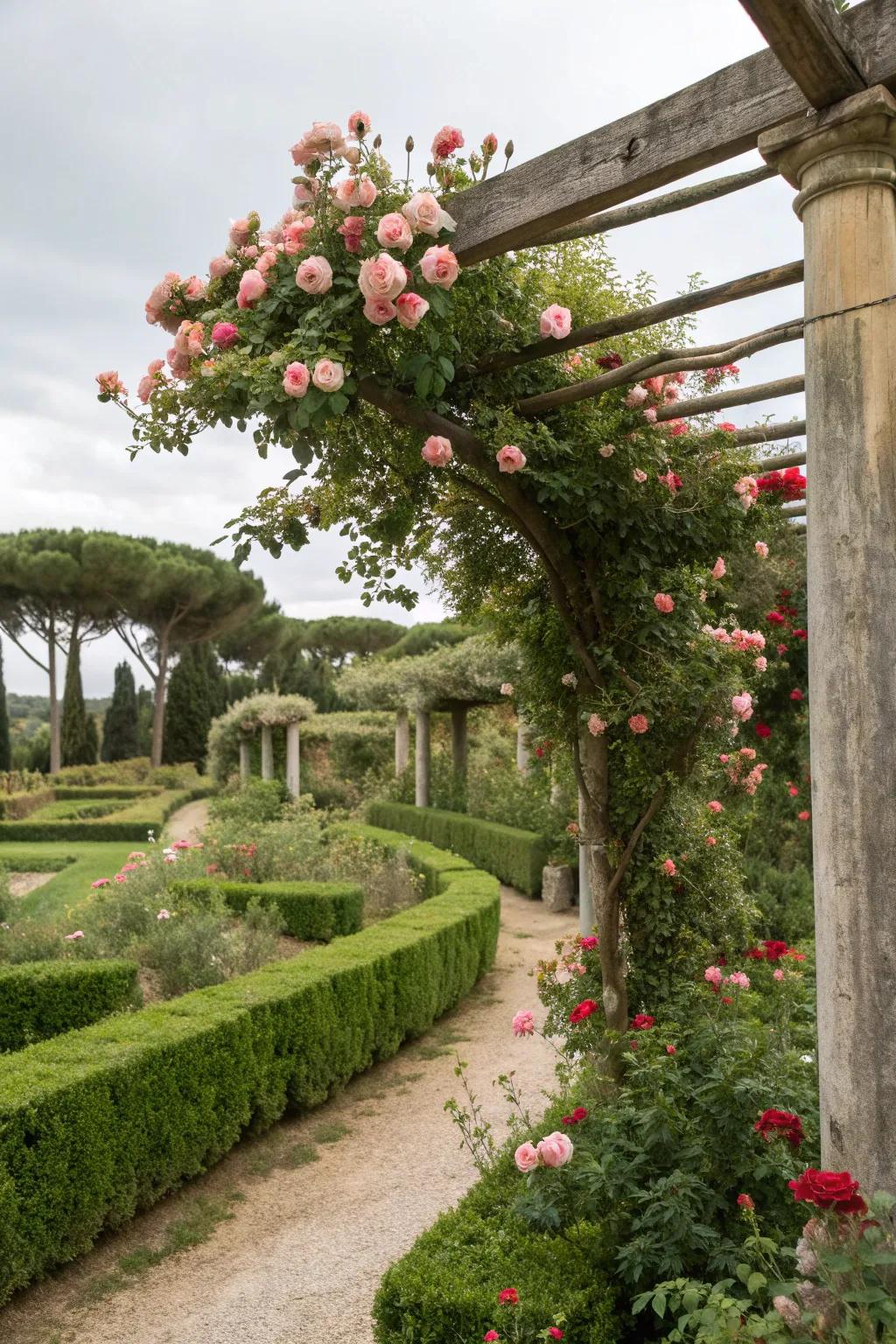 Climbing roses adding romance and color to the garden.