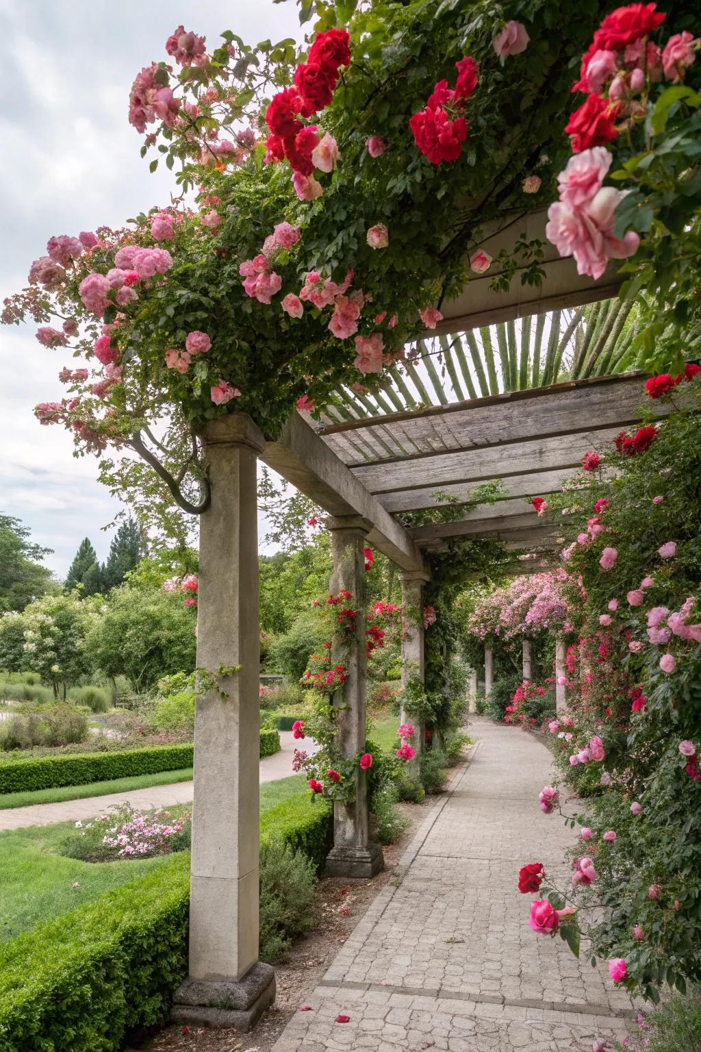 Climbing roses create a stunning natural canopy over this pergola.