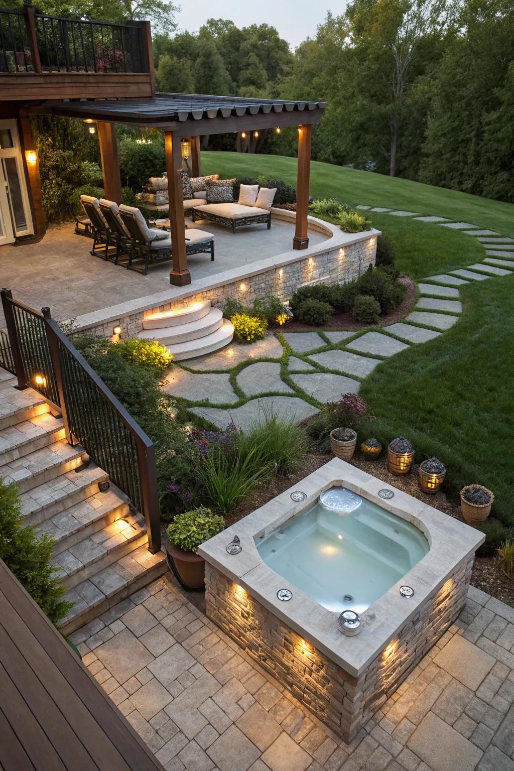 A dynamic multi-level design featuring a central jacuzzi