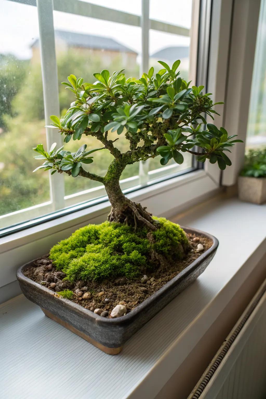 Vibrant color with decorative moss on jade bonsai.