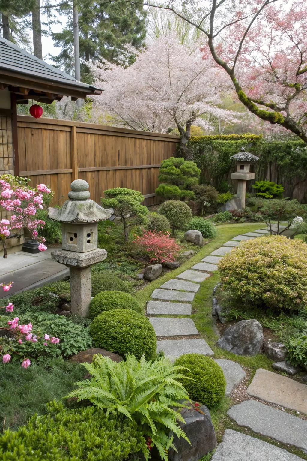Seasonal plants adding year-round beauty to a Japanese backyard.