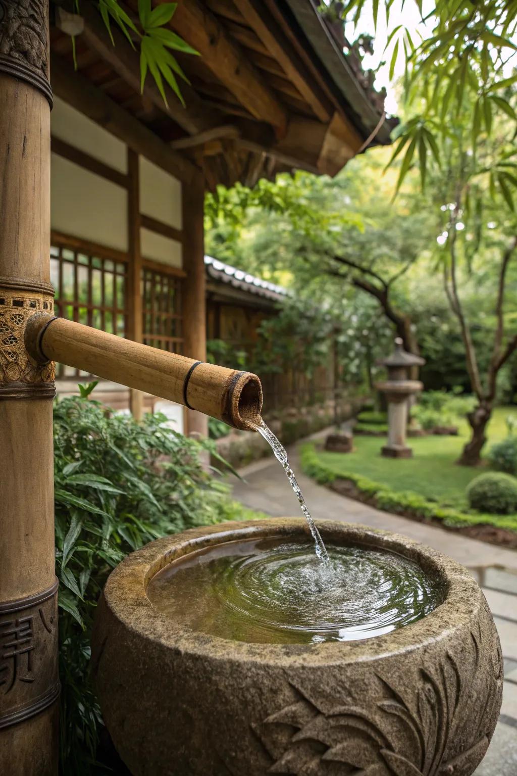 A bamboo fountain adds charm and sound to your outdoor retreat.