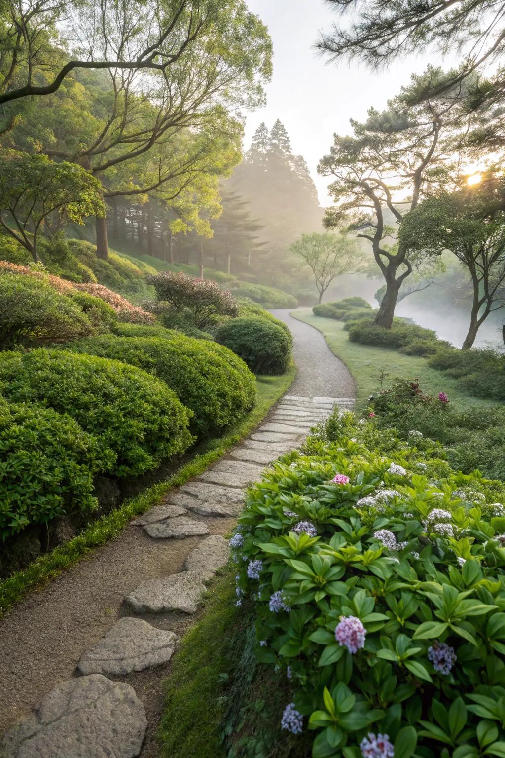Japanese garden path edged with lush groundcover plants, creating a natural transition.