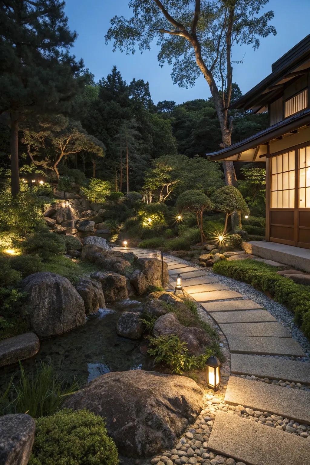 Subtle lighting transforms the garden into a magical nighttime retreat.