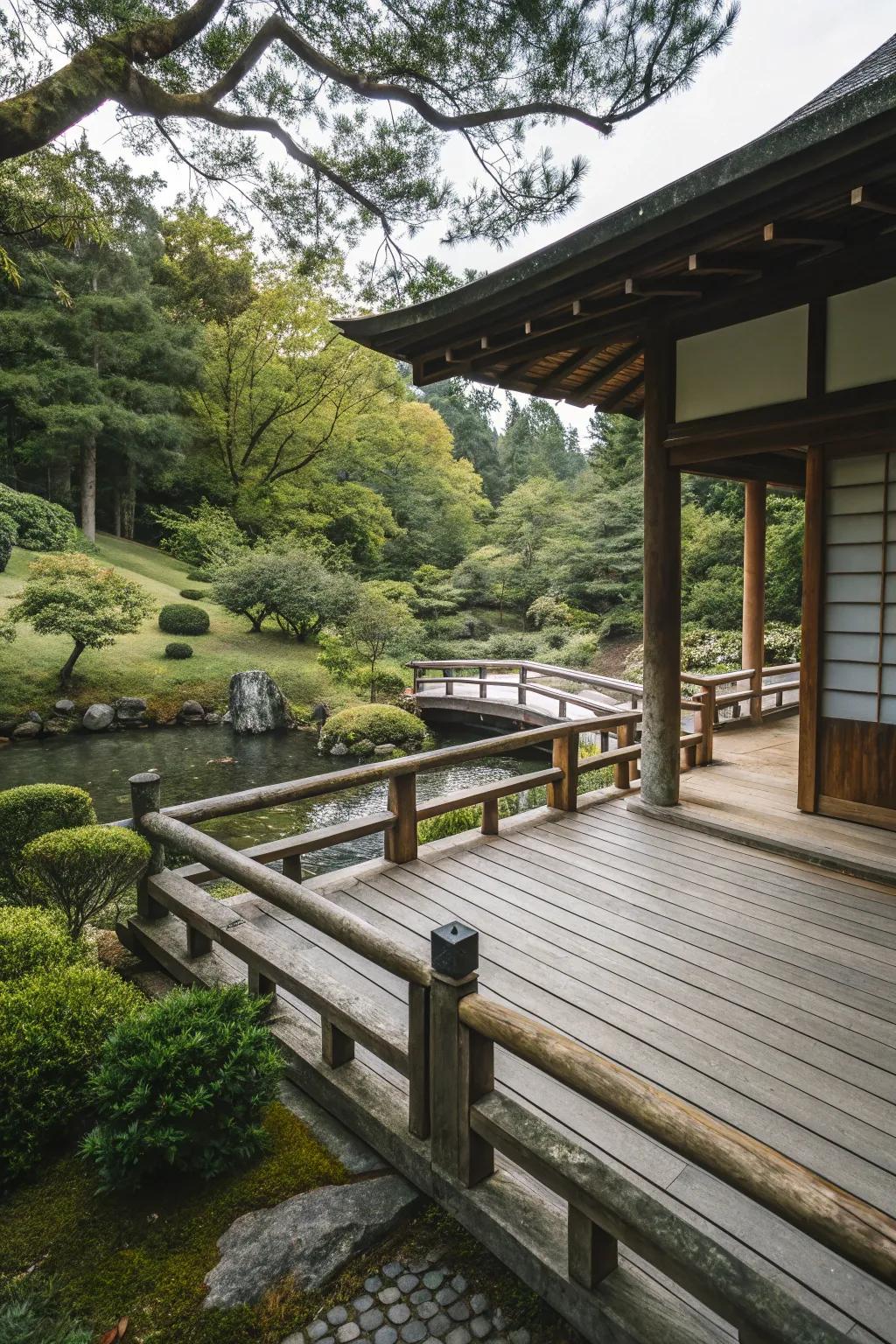 Achieve cohesion with natural wood railings.
