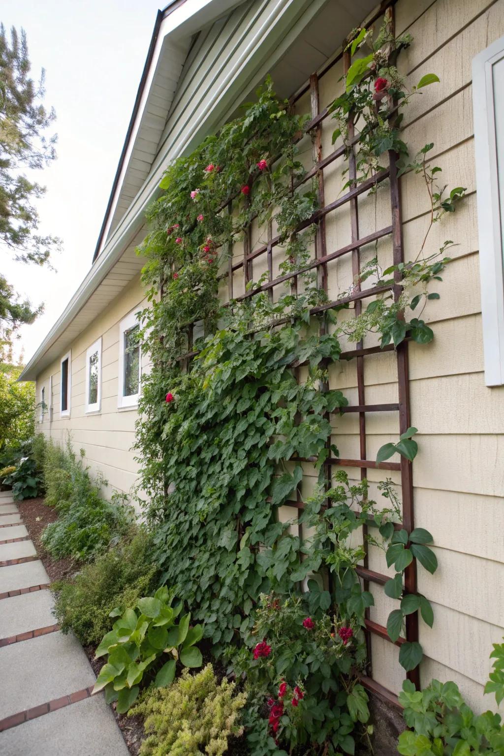 A wall-mounted trellis transforms a bare wall into a living tapestry.