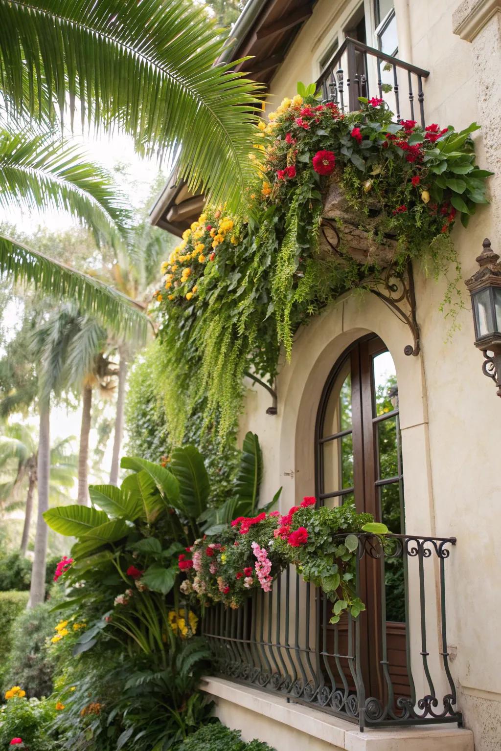 A Juliet balcony with a lush tropical theme.