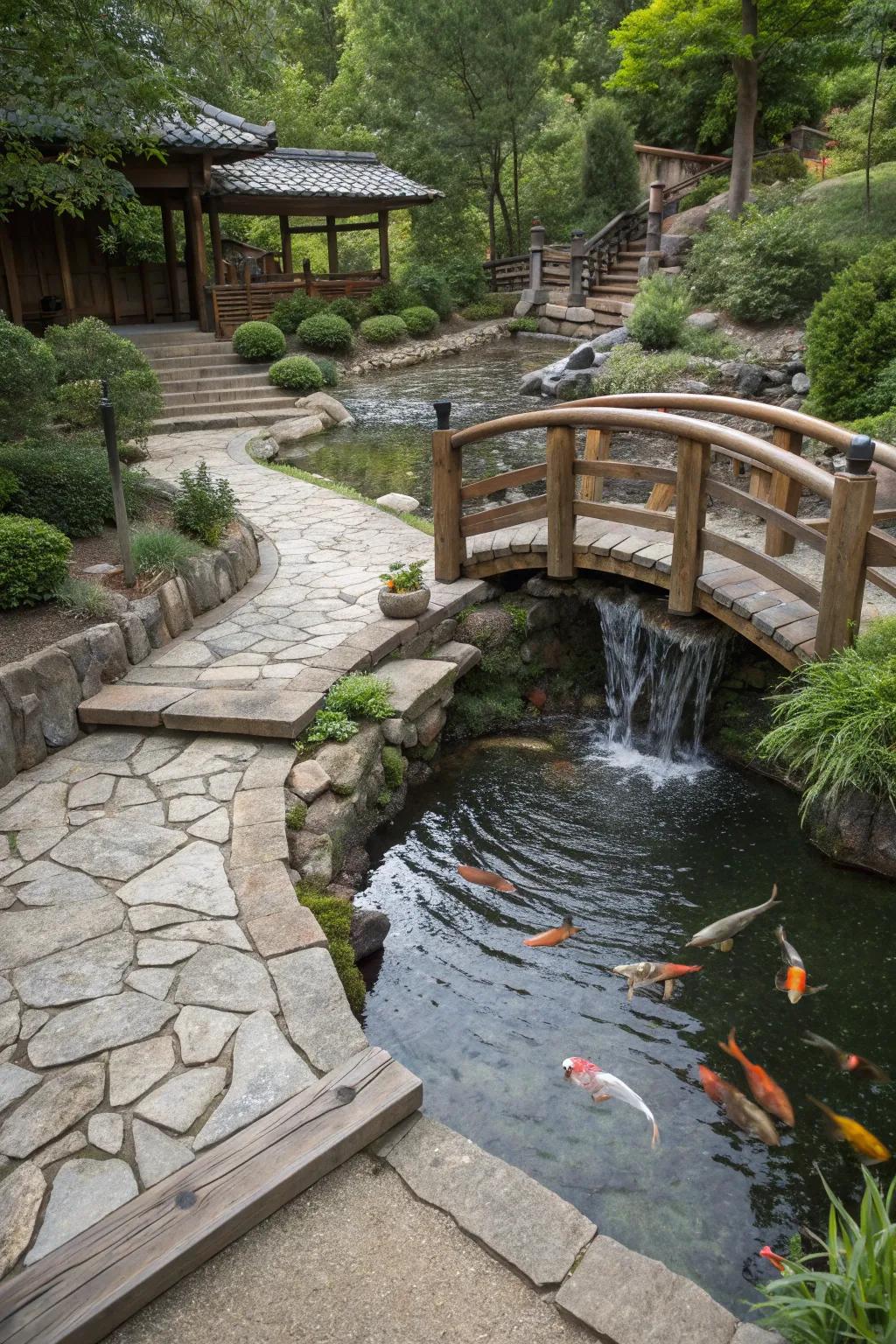 Rustic elements add warmth and character to your koi pond.