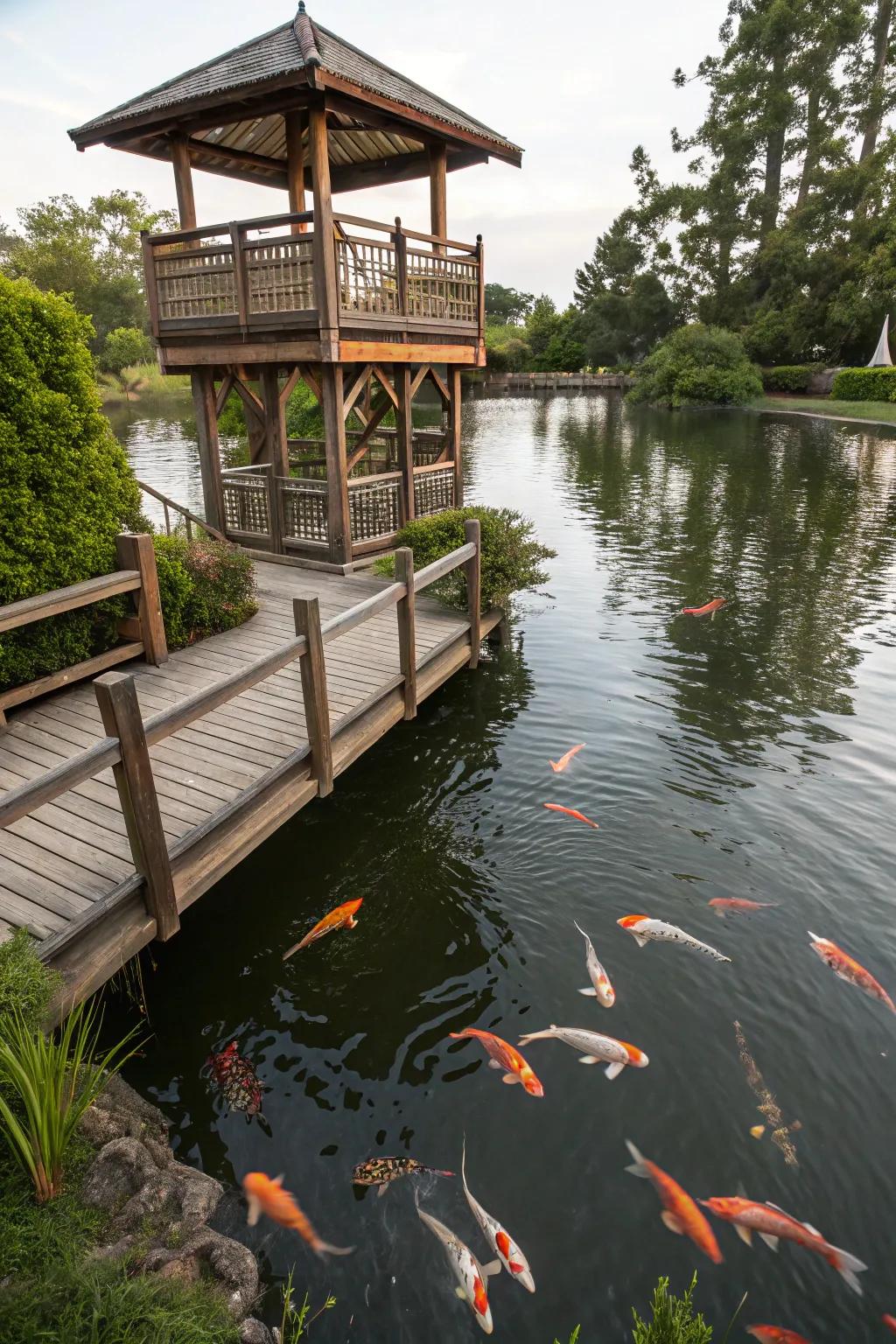 A wooden viewing platform offering a perfect vantage point over a koi pond.