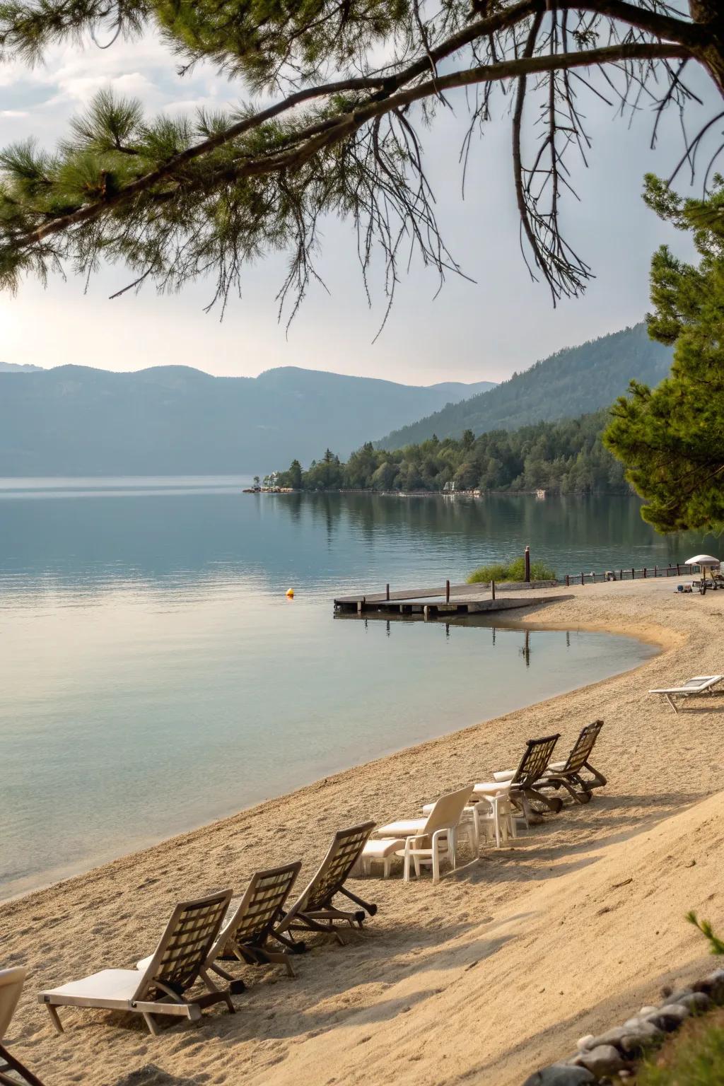A sandy beach area inviting relaxation by the lake.