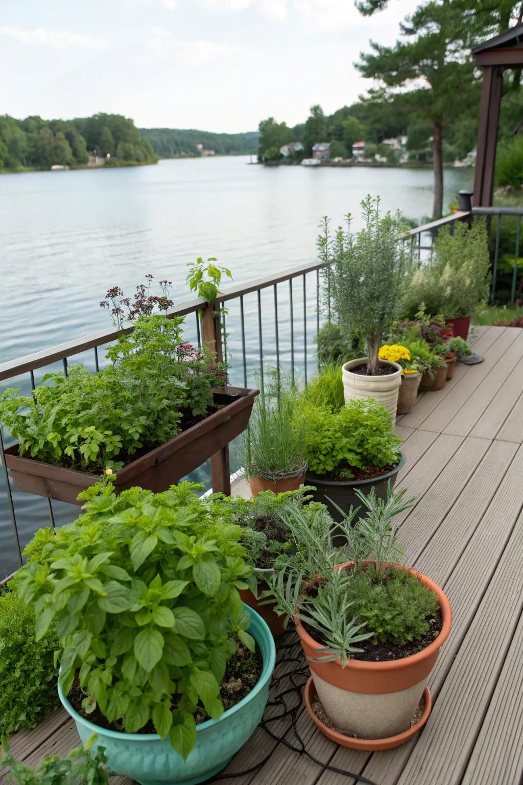A deck garden adds greenery and culinary possibilities.