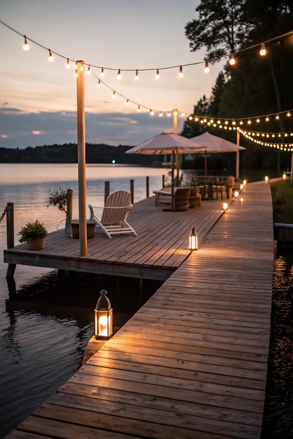 Warm white lights create a peaceful and inviting dockside retreat.