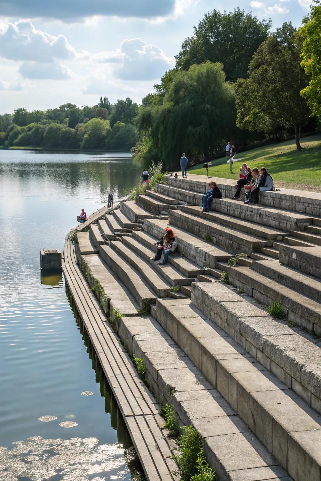 Stepped terraces offer functionality and a welcoming space for lakeside enjoyment.