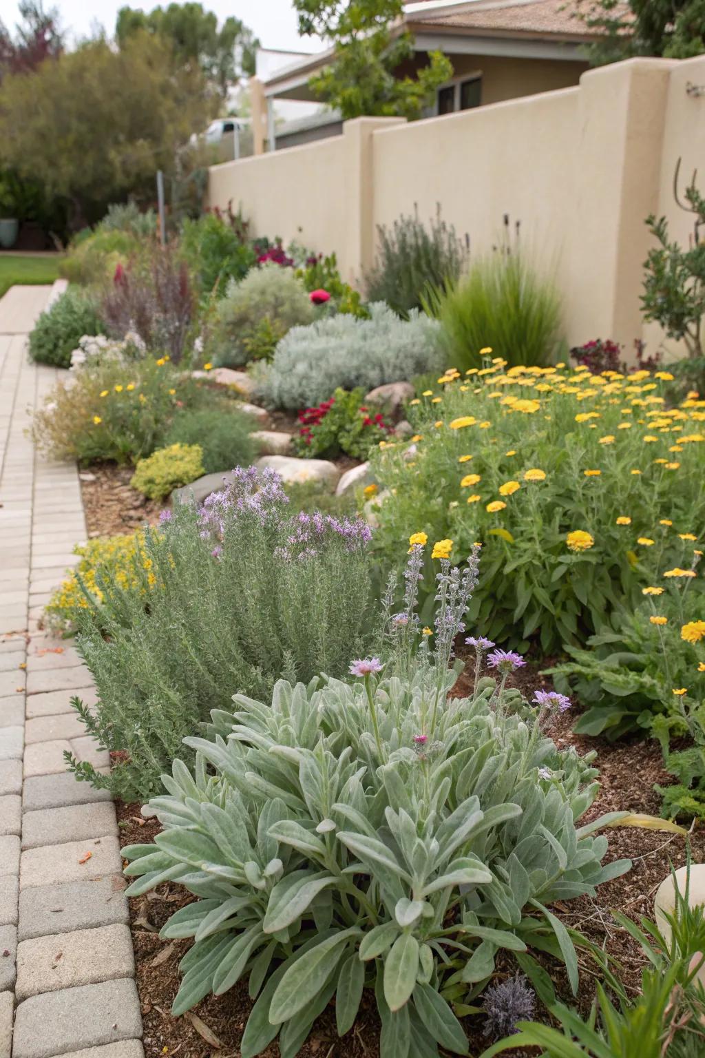 A waterwise garden with lamb's ear thriving in dry conditions.