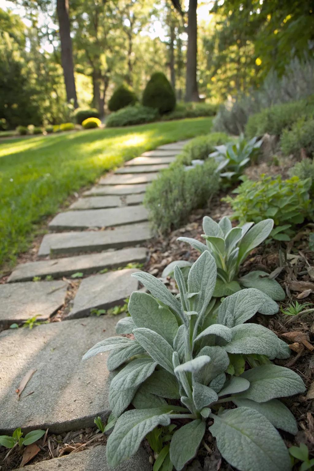 Charming pathway with lamb's ear filling the spaces between stones.