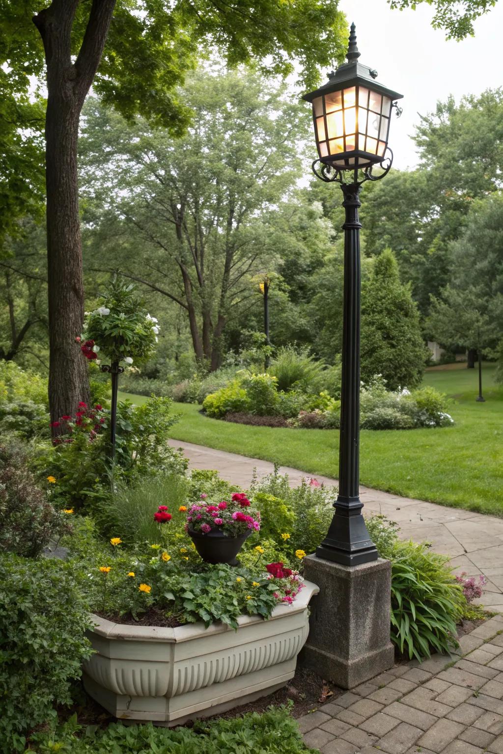 Multi-functional lamp posts with planters add greenery and style.