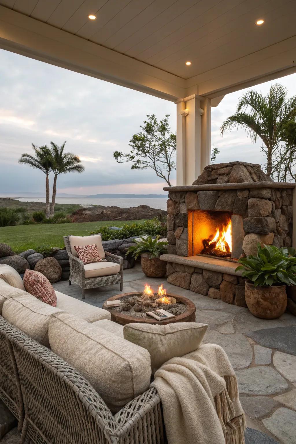 An outdoor fireplace adds warmth and ambiance.