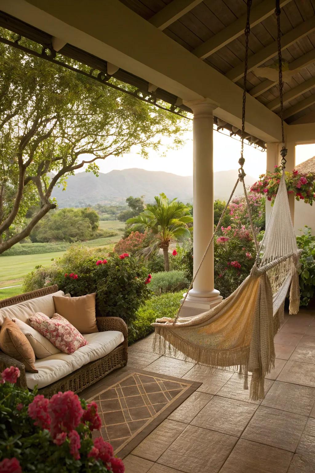 A lanai with a swing, inviting relaxation and comfort.