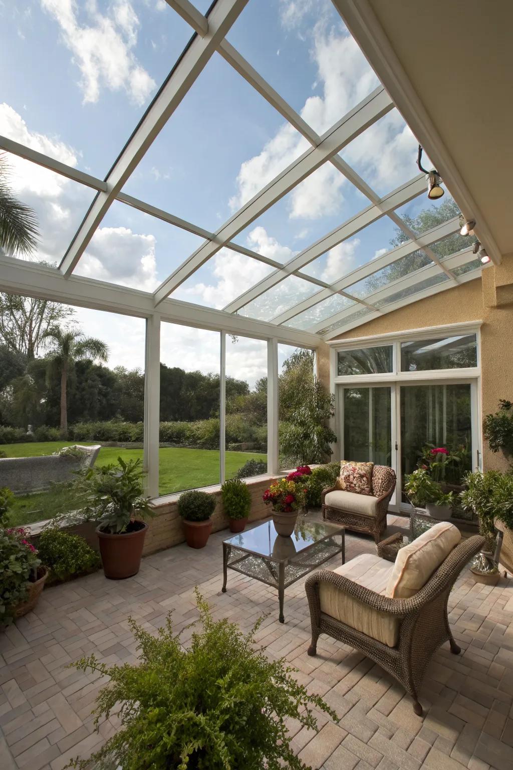 A glass enclosure extends the usability of this lanai throughout the year.
