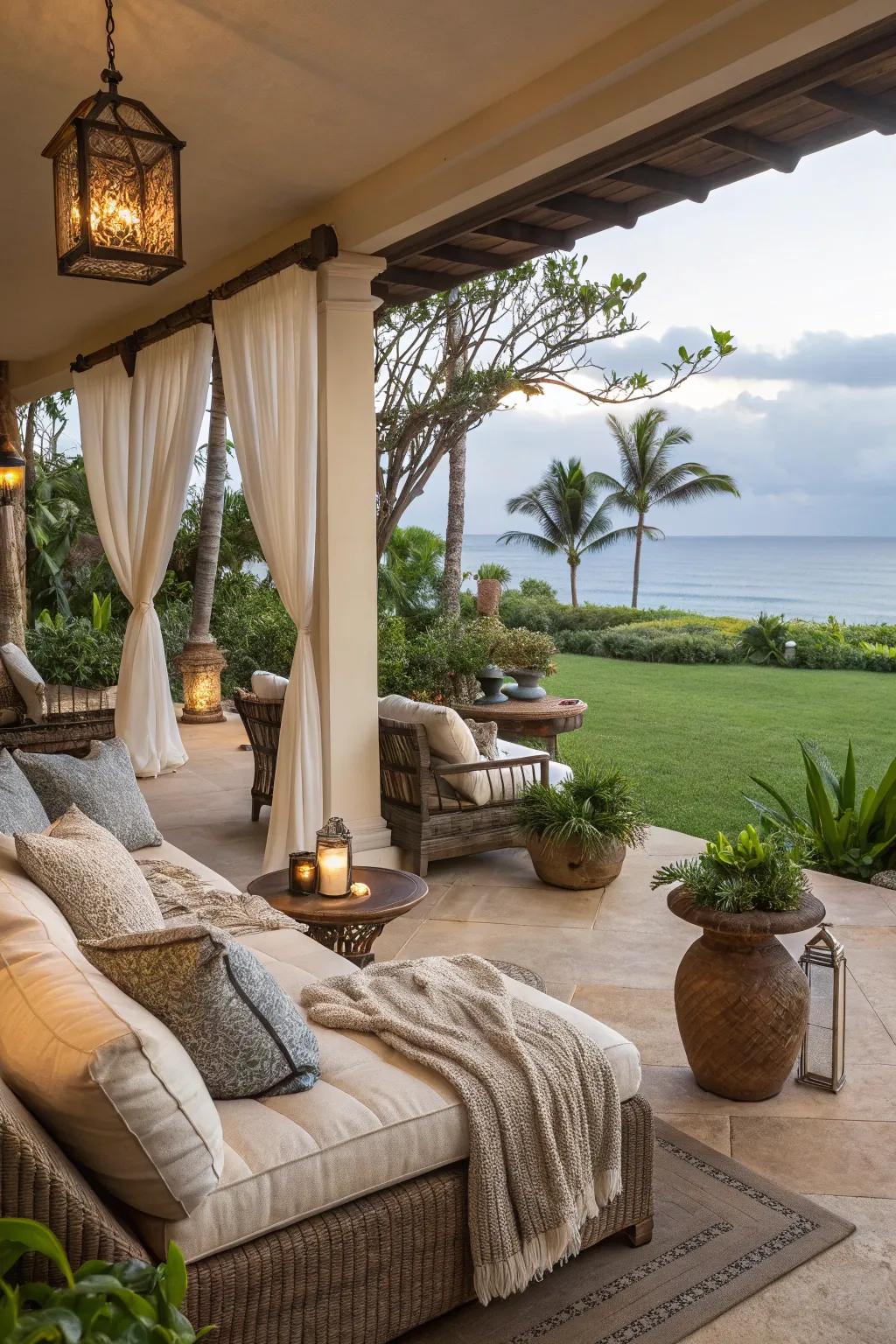 Smart furniture arrangement creates private lanai spaces.