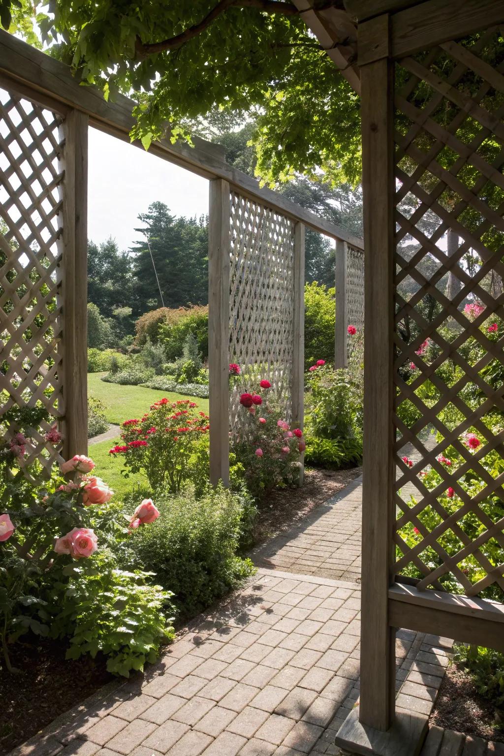 Lattice screens create private nooks while allowing light to filter through.