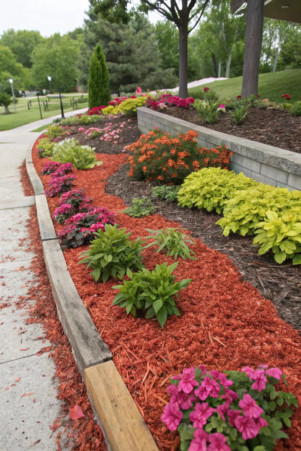 Colorful mulch adding vibrancy and texture to garden beds.