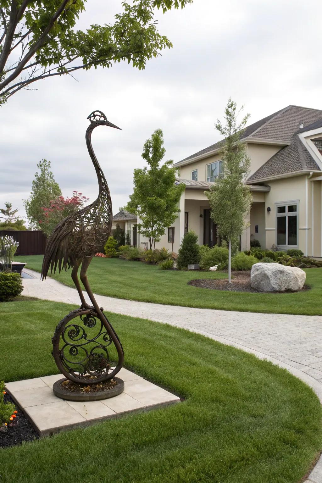 Artistic sculptures add a creative and personal touch to your front yard.
