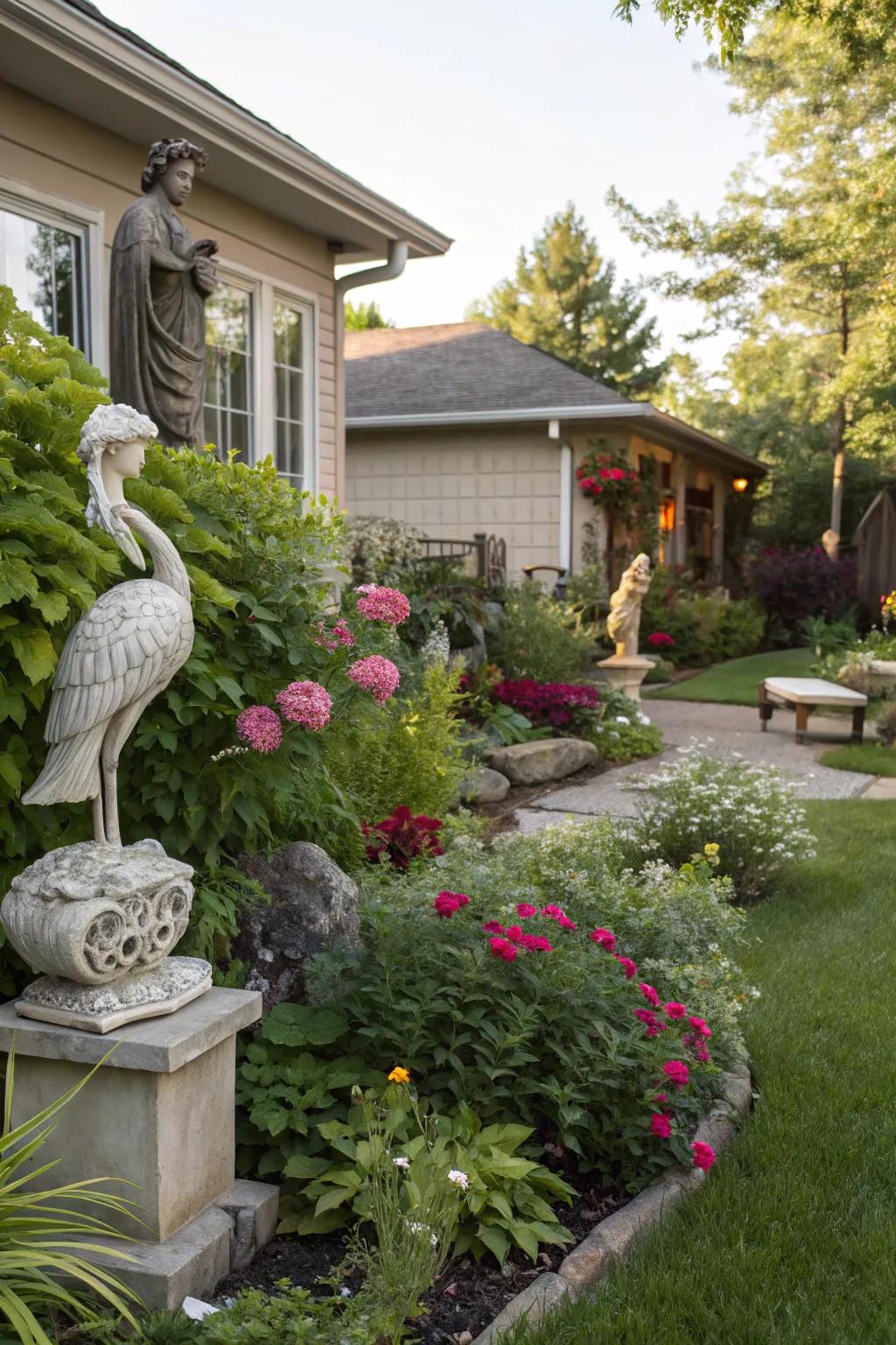 Sculptures add an artistic focal point to the landscape