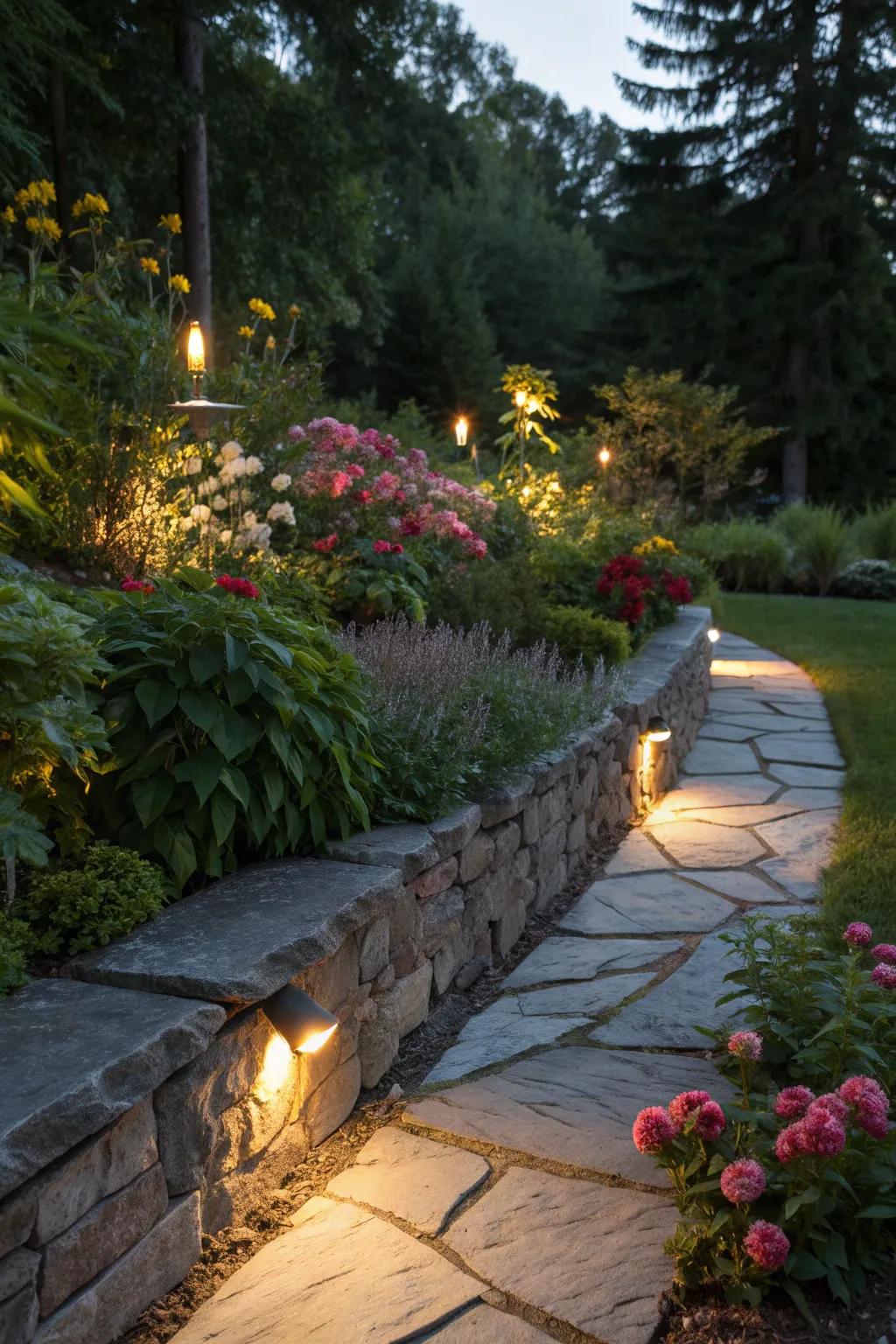 Stylish stone edging with integrated lighting.