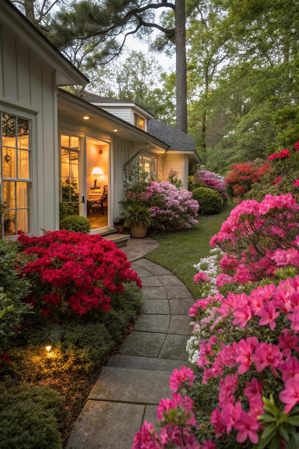 Welcoming entry garden featuring vibrant Encore Azaleas.