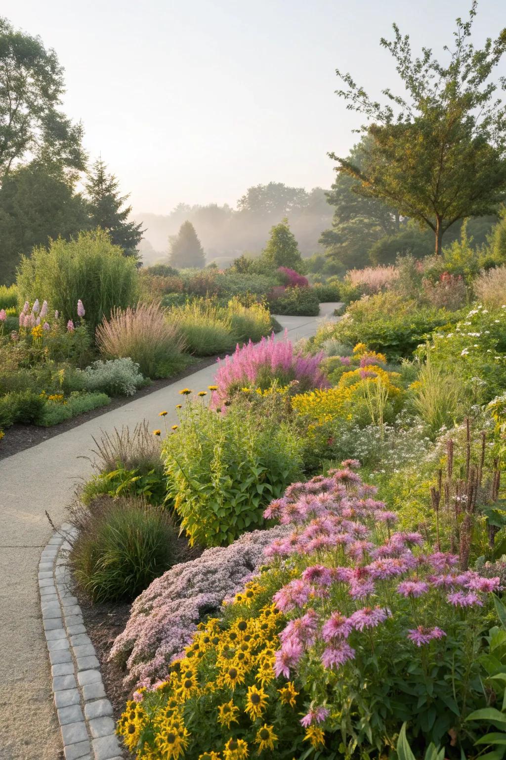 Native plant beds offering a natural and sustainable landscape.