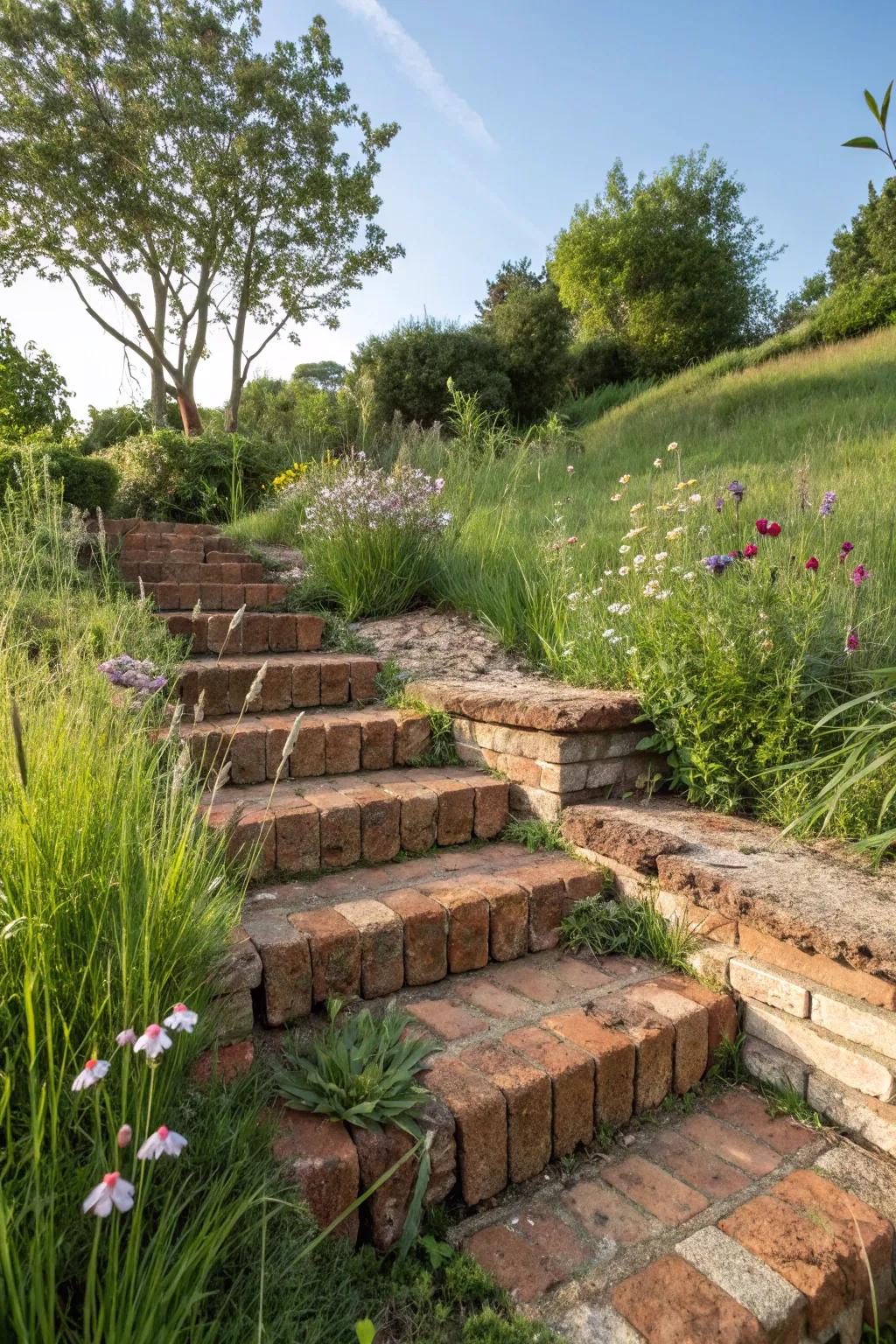 Reclaimed brick steps provide an eco-friendly garden path.