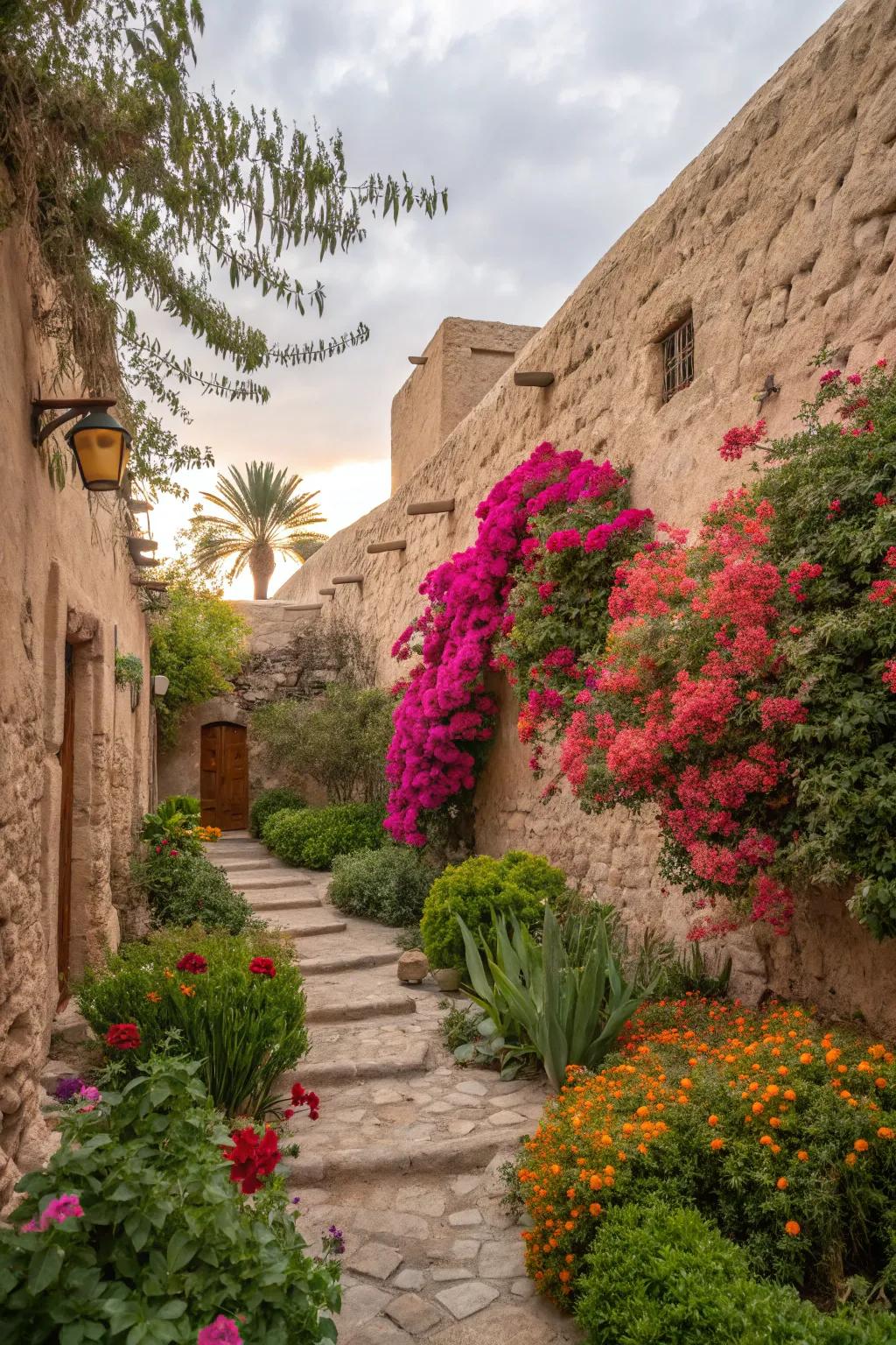 Striking contrasts with vibrant plants against earthy stones.