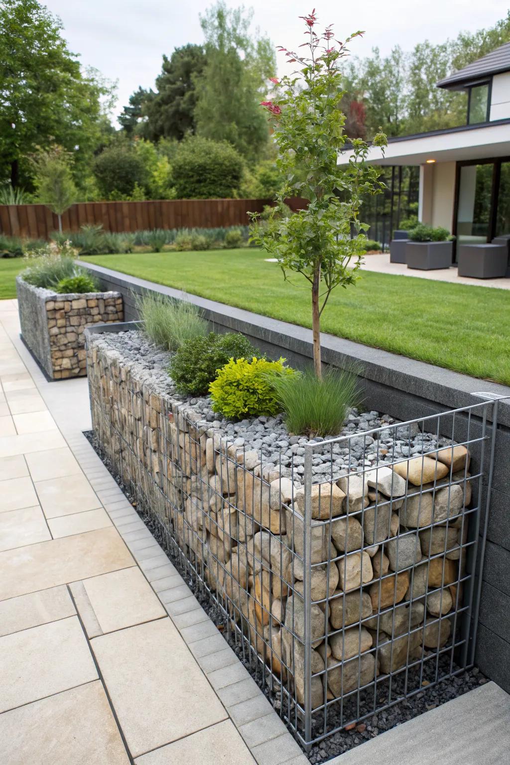 Gabion walls make a bold and functional garden edge.