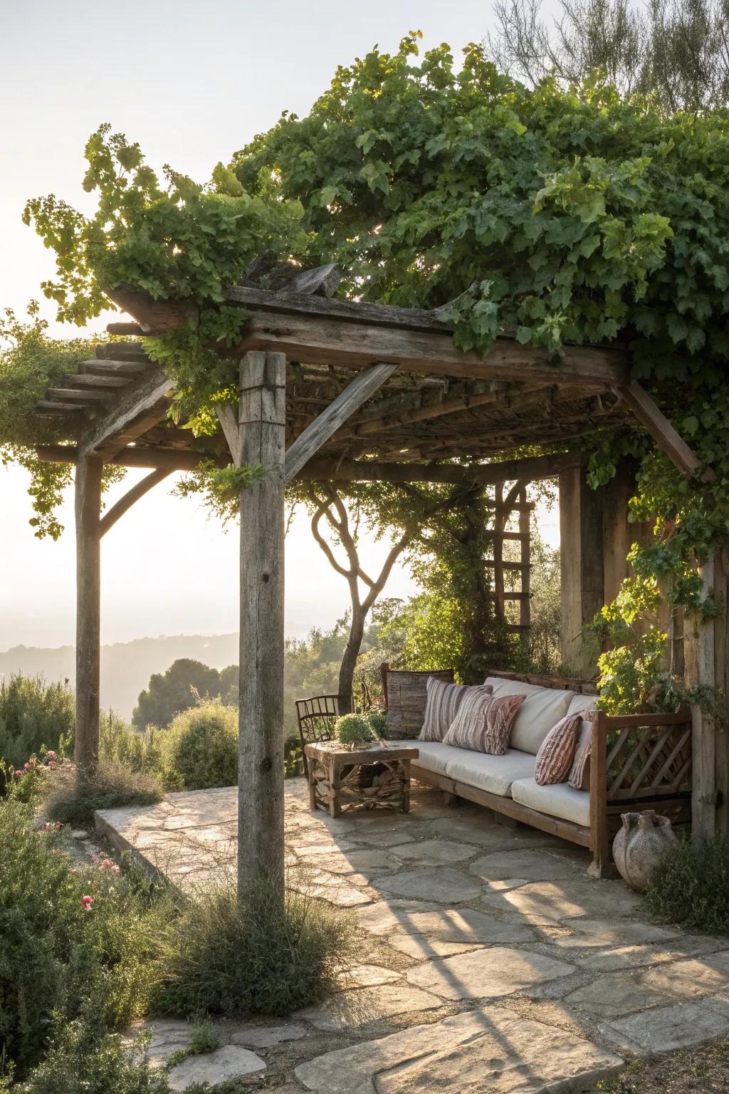 A rustic pergola providing charm and shade.