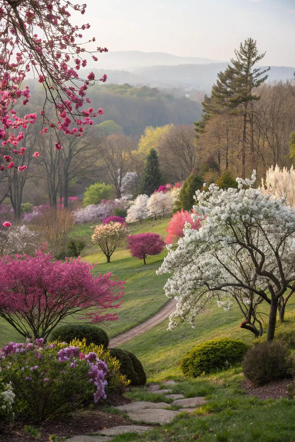 Seasonal flowering trees offer year-round garden color.
