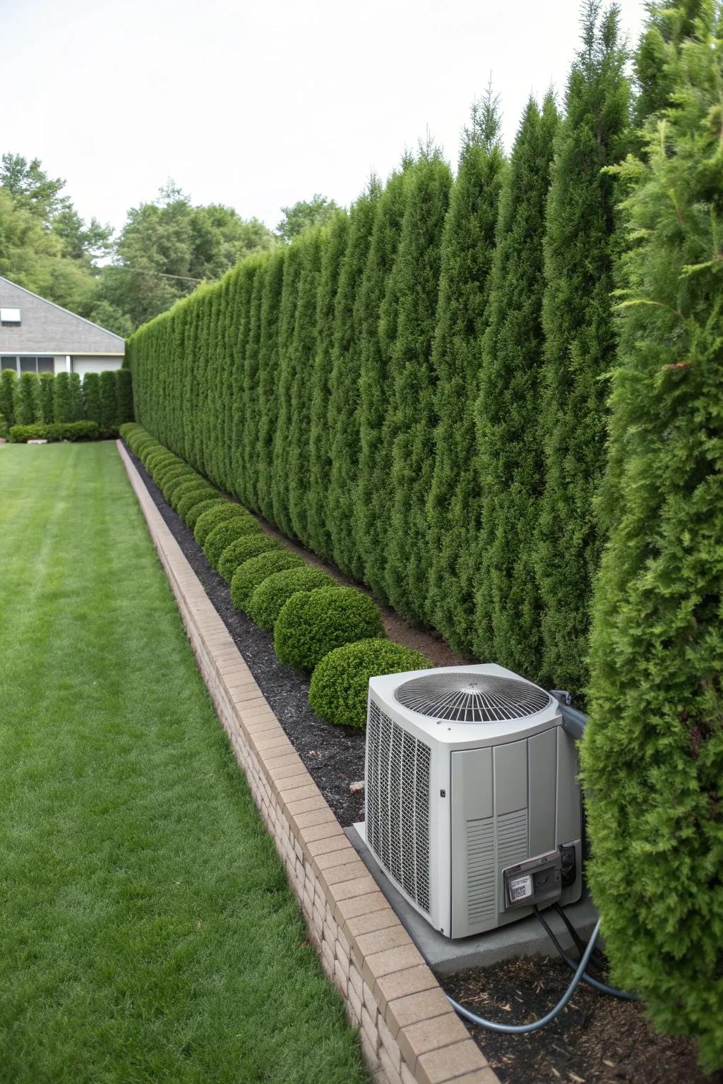 Evergreen hedges providing a natural windbreak and elegant cover for an AC unit.