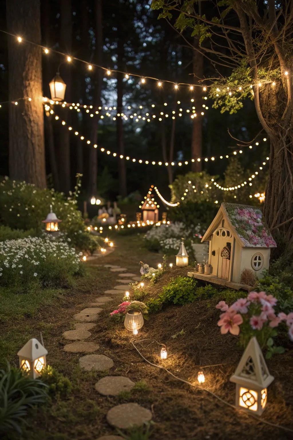 Fairy lights add evening enchantment to your garden.